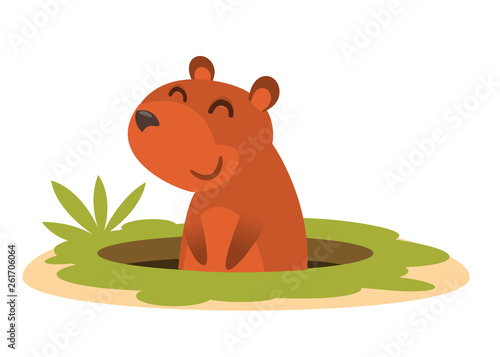 Cartoon groundhog looking out of his hole. Vector illustration isolated