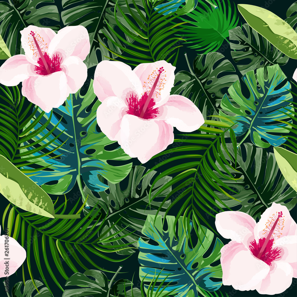 Fototapeta premium Hibiscus flowers and tropical plants seamless pattern. Summer bright exotic background.
