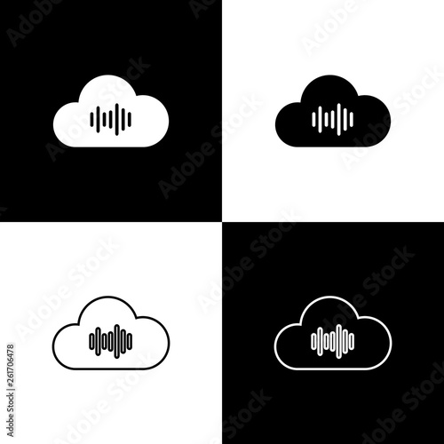 Set Music streaming service icon isolated icon on black and white background. Sound cloud computing, online media streaming, online song, audio wave. Line, outline and linear icon. Vector Illustration