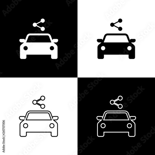Set Car sharing icons isolated on black and white background. Carsharing sign. Transport renting service concept. Line, outline and linear icon. Vector Illustration