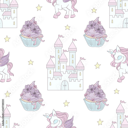 UNICORN CASTLE Fairy Tale Magical Cartoon Seamless Pattern Vector Illustration for Print Fabric and Decoration