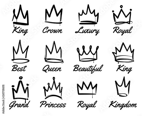 Vector crown logo. Hand drawn graffiti sketch and signs collections. Black brush line isolated on white background