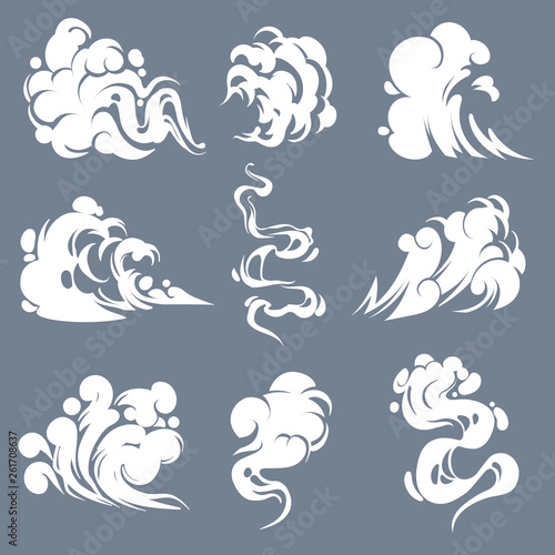 Cartoon smoke. Smoking steam clouds smells bad expired fire gas flash vapour aroma puff mist fog effects game shot drawing, vector set