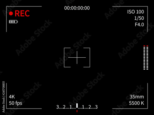 Camera display. Viewfinder recording focusing camera video screen capture photo movie lines frame finder viewer, black vector template