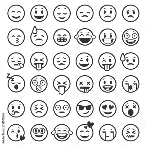 Emoticons outline. Emoji faces emoticon funny smile line black icons expression smiley facial people humor mood, flat vector set