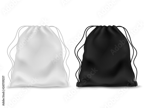 Realistic knapsack. Black white blank backpack. Sports bag, school textile rucksack, pack pouch accessory with ropes. Vector mockup