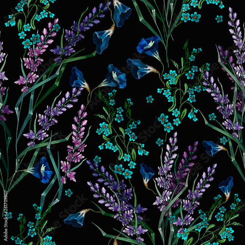 Embroidery lavender and summer meadow flowers seamless pattern. Spring and summer art. Fashion template for clothes, t-shirt design
