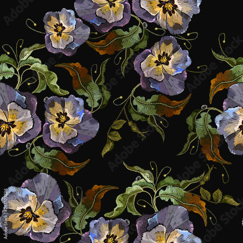 Fototapeta Naklejka Na Ścianę i Meble -  Violets flower embroidery seamless pattern. Fashionable template of clothes, t-shirt design