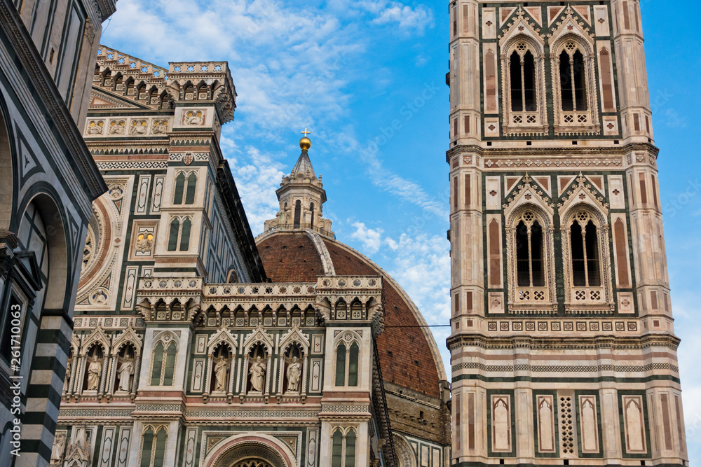 External details of bell tower and Santa Maria del Fiore cathedral in Florence, Tuscany, Italy