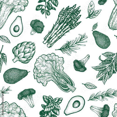 Green vegetables seamless pattern. Hand drawn vector food illustration. Engraved style vegetable frame. Retro botanical banner.