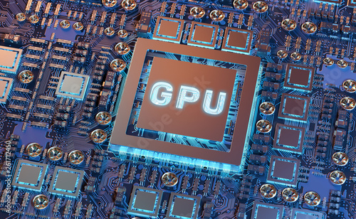 Close-up view of a modern GPU card with circuit 3D rendering photo