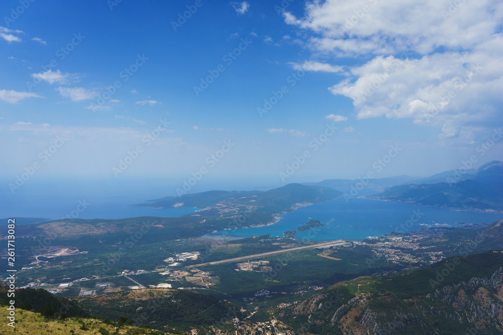 Spectacular view of the Bay of Kotor in Montenegro. View of the bay and city Tivat and airport from the top of the mountain. Spectacular view of the Bay of Kotor in Montenegro. View of the bay and city Tivat and airport from the top of the mountain.