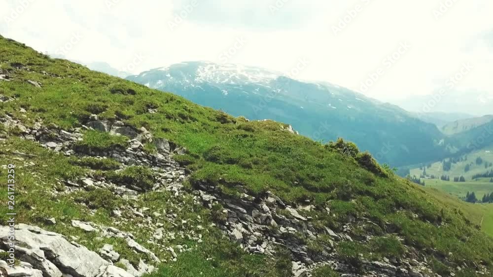 Drone flight above Swiss mountains. Smooth and stabilized footage of aerial view in mountains. Green grass and karst rock from above. Drone flight above Swiss mountains. Smooth and stabilized footage of aerial view in mountains. Green grass and karst rock from above.