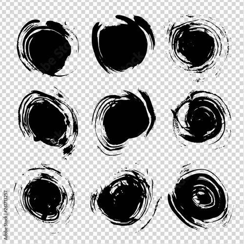 Abstract textured black circle strokes big set on imitation transparent background