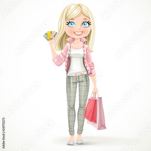 Cute blond shopaholic girl with paper bags and credit cards stand on a white background