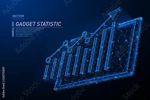 Abstract polygonal light design of tablet with arrow growth chart.