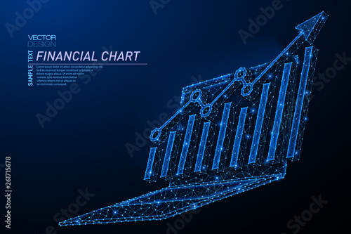 Abstract polygonal light design of laptop with arrow growth chart.