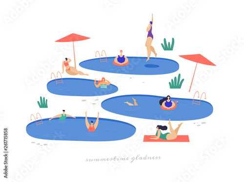 Cute girls by pool relax and spend their leisure time in fresh air. Young girls in bathing suits sunbathe and swim. Summer vacation on the beach. Vector illustration in trendy flat style.