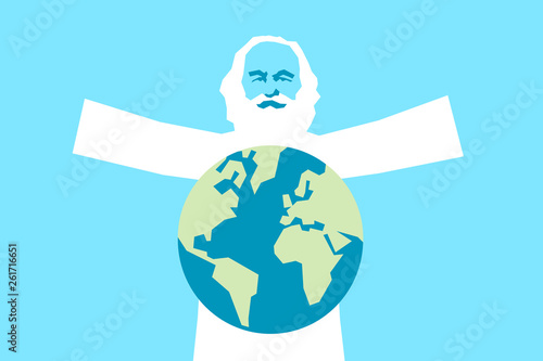 God as old bearded man on the sky - The creator is creating planet Earth. Creationism and creationist religious act from bible. Vector illustration. Graphic pop art style.