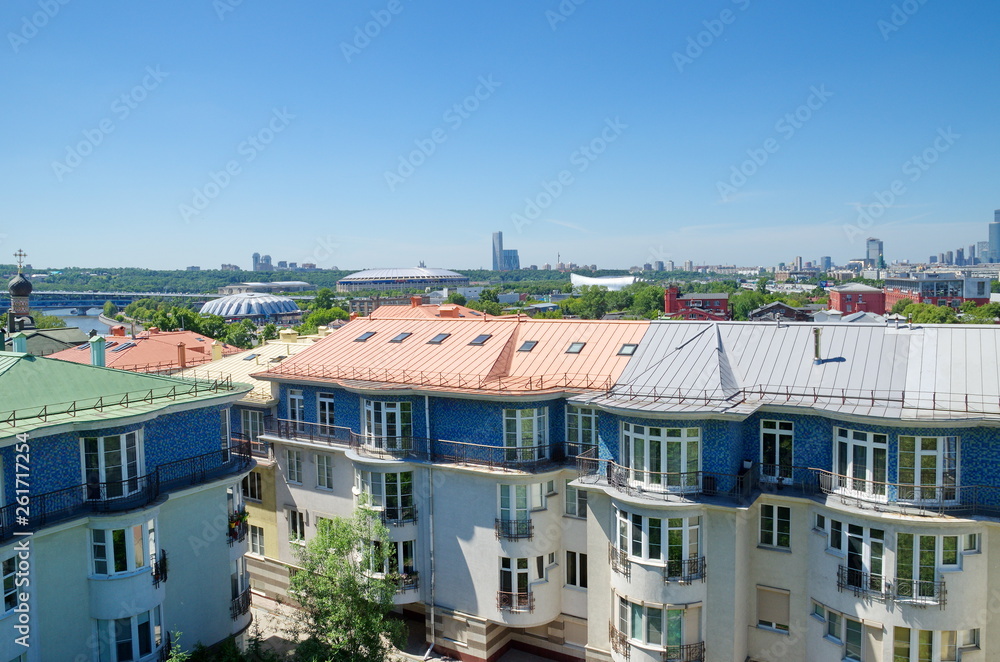 Moscow, Russia - June 15, 2018: Summer view of the elite residential complex on Andreevskaya embankment