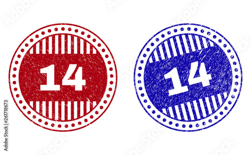 Grunge 14 round stamp seals isolated on a white background. Round seals with grunge texture in red and blue colors. Vector rubber overlay of 14 text inside circle form with stripes.