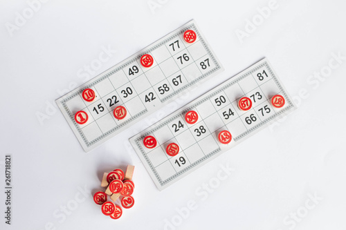 Cards and kegs for Russian lotto (bingo game) on white background