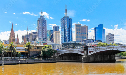Melbourne Central business district skyscrapers with bridge over the river  Victoria  Australia