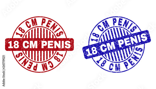 Grunge 18 CM PENIS round stamp seals isolated on a white background. Round seals with grunge texture in red and blue colors.