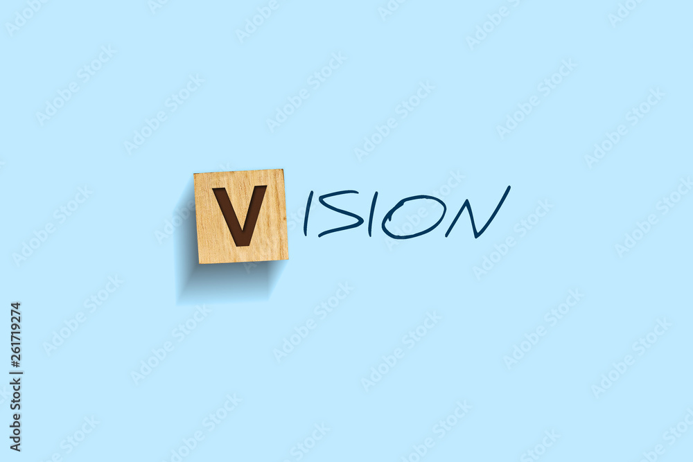 Fototapeta premium Vision. Words written on a wooden block. Blue background. Isolated. Business concept.