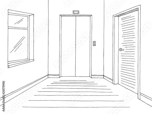 Corridor graphic black white interior sketch illustration vector