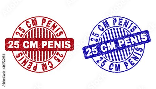 Grunge 25 CM PENIS round stamp seals isolated on a white background. Round seals with grunge texture in red and blue colors.
