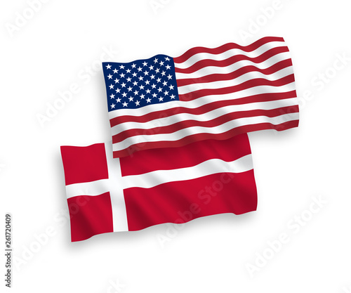 National vector fabric wave flags of Denmark and USA isolated on white background. 1 to 2 proportion.