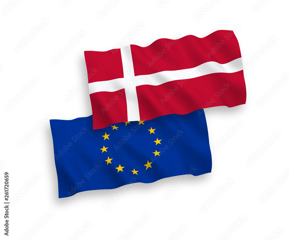 National vector fabric wave flags of European Union and Denmark isolated on white background. 1 to 2 proportion. National vector fabric wave flags of European Union and Denmark isolated on white background. 1 to 2 proportion.