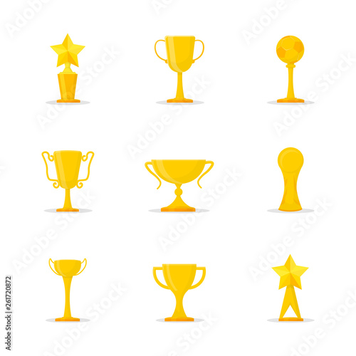 Golden trophies flat illustrations set