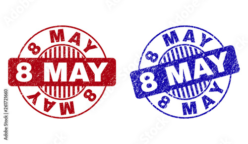 Grunge 8 MAY round stamp seals isolated on a white background. Round seals with grunge texture in red and blue colors. Vector rubber imprint of 8 MAY caption inside circle form with stripes.