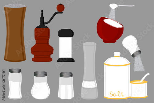 Illustration on theme big set different types glassware filled salt