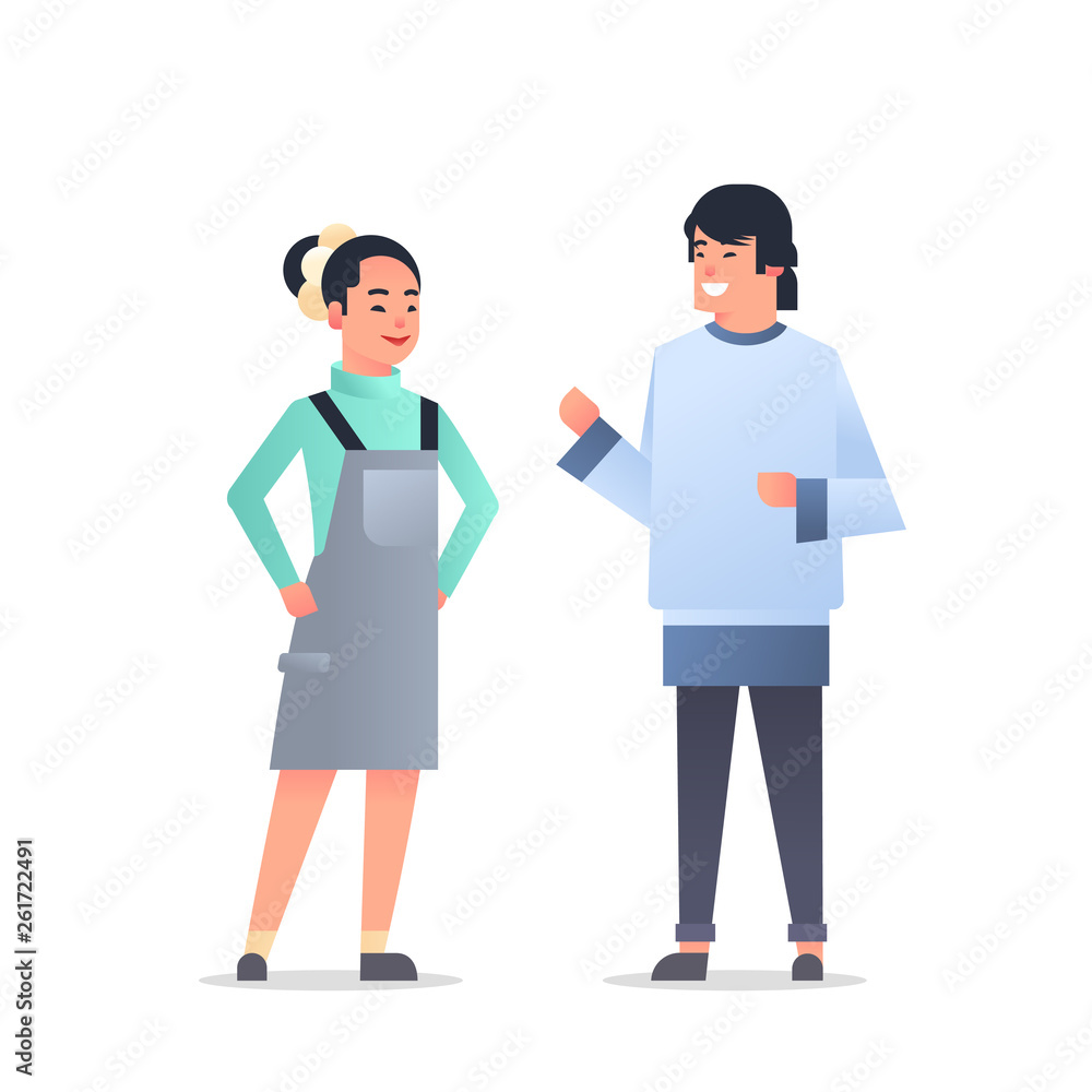 young asian couple wearing casual clothes happy man woman discussing together chinese or japanese female male cartoon characters full length flat white background