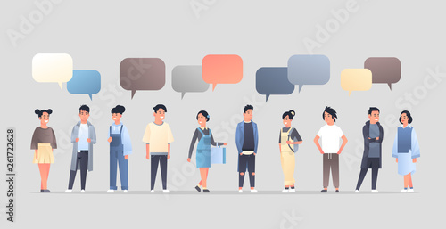 asian men women group chat bubble communication concept happy guys girls speech conversation chinese or japanese female male cartoon characters full length flat horizontal
