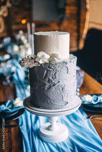 These photos show a wedding decor, a festive table setting. Table setting newlyweds. Wine glasses, glasses, wedding cake.