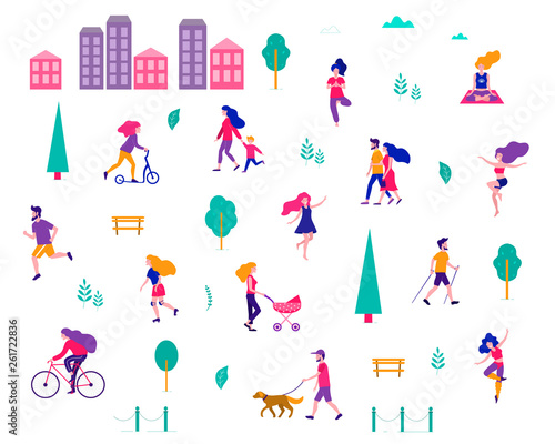 Different activities of people in the summer city. People in the park. Vector flat illustration.