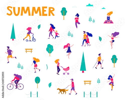 Different activities of people in the summer city. People in the park. Vector flat illustration.
