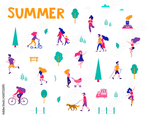 Different activities of people in the summer city. People in the park. Vector flat illustration.