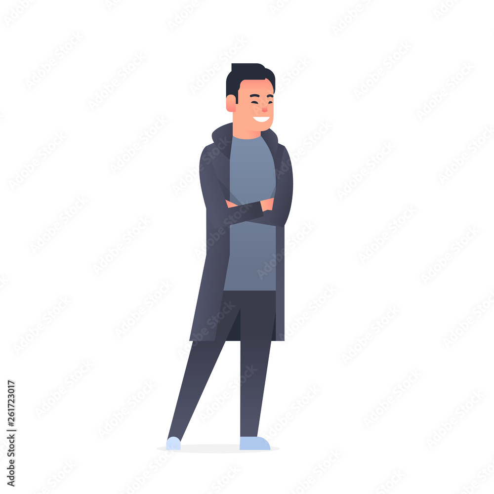 young asian guy wearing casual clothes happy attractive man crossed arms  standing pose chinese or japanese male cartoon character full length flat  white background Stock Vector | Adobe Stock