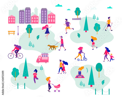 Different activities of people in the summer city. People in the park. Vector flat illustration.