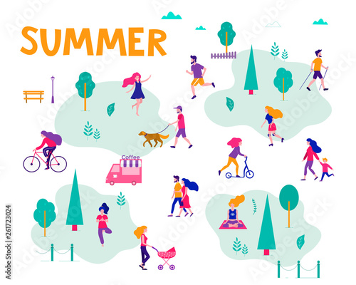 Different activities of people in the summer city. People in the park. Vector flat illustration.