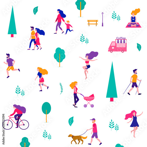 Different activities of people in the summer city. People in the park. Vector flat illustration.