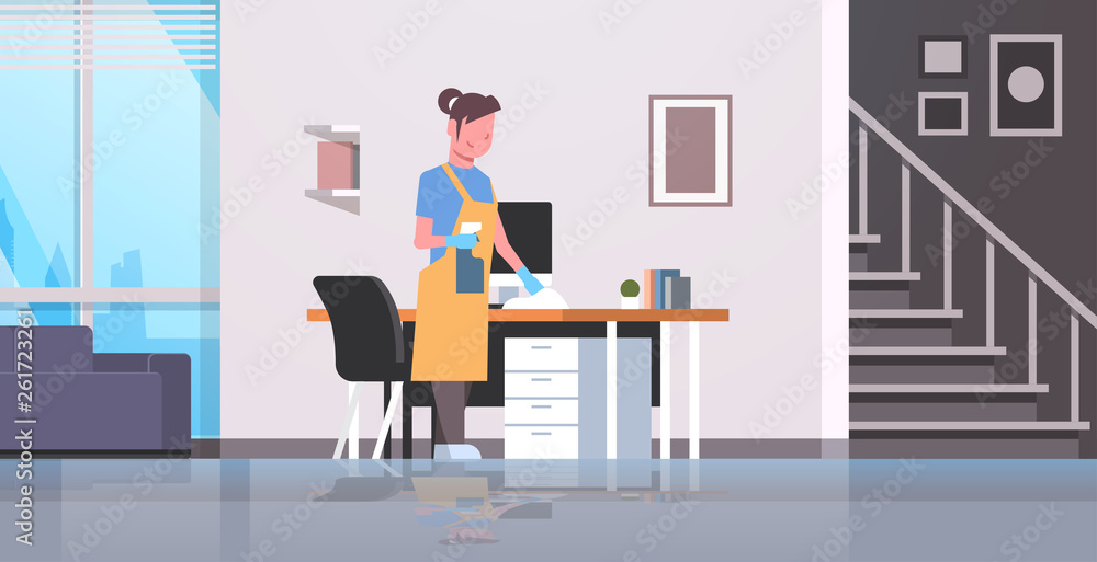 housewife cleaning computer table with duster woman wiping workplace desk girl dusting housework concept modern apartment interior female cartoon character full length flat horizontal