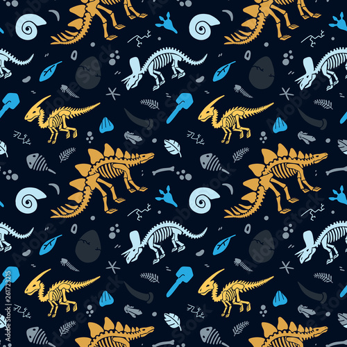 Dinosaur skeleton and fossils. Vector seamless pattern. Original design with dinosaur bones, stones, traces, plants and eggs. Print for T-shirts, textiles, web.Black background.