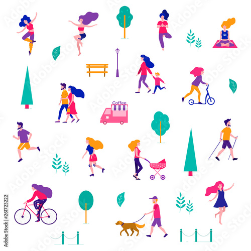 Different activities of people in the summer city. People in the park. Vector flat illustration.