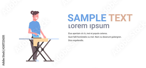housewife ironing clothes young woman holding iron smiling girl doing housework concept female cartoon character full length flat horizontal white background copy space